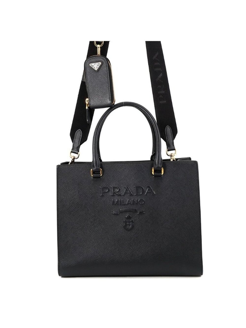 Prada Handbag Embossed Logo Saffiano Leather 2-Way Black